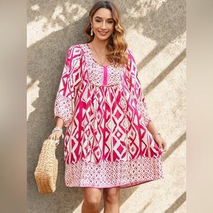 Boho Pink Tribal Mini Dress XL Vacation Resort Babydoll Flowy Dress